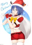  1girl alternate_hair_length alternate_hairstyle arcedo blue_eyes blue_hair blush fingerless_gloves fire_emblem fire_emblem:_kakusei fire_emblem_heroes fur_trim gloves hat highres looking_at_viewer lucina navel nintendo open_mouth santa_costume santa_hat short_hair smile solo 