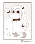  arm_up bangs collar commentary dated hand_on_hip horns kantai_collection kneehighs long_hair looking_at_viewer mittens monochrome moomin muppo northern_ocean_hime sazanami_konami sidelocks tail translated twitter_username 