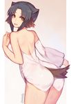  animal_ears atui_(utawareru_mono) back bare_shoulders blue_hair brown_eyes detached_sleeves from_behind highres leaning_forward looking_back mukka sidelocks solo tail twitter_username utawareru_mono utawareru_mono:_itsuwari_no_kamen 