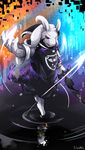  asriel_dreemurr black_sclera dual_persona highres horns male_focus monster_boy no_humans red_eyes reflection solo spoilers sword undertale waddy walking walking_on_liquid weapon 