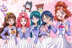  :d ;d akagi_towa amanogawa_kirara aroma_(go!_princess_precure) bird black_hair blue_bow blue_eyes blue_hair blush bow braid brown_hair cowboy_shot creature crown_braid dog floral_background glasses go!_princess_precure grey-framed_eyewear hairband hands_clasped hanzou happy haruno_haruka kaidou_minami kuroro_(go!_princess_precure) long_hair looking_at_viewer miss_siamour multiple_girls nanase_yui noble_academy_school_uniform one_eye_closed open_mouth orange_bow own_hands_together pink_background pink_bow precure puff_(go!_princess_precure) red_eyes red_hair school_uniform short_hair skirt smile twintails white_skirt 