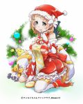  1girl artist_name bird blonde_hair bow breasts christmas elbow_gloves fermi_(sennen_sensou_aigis) finger_to_cheek flower gloves green_eyes hair_bow hair_flower hair_ornament hat kneeling looking_at_viewer medium_breasts medium_hair momari3 red_footwear red_hat red_skirt sack santa_hat sennen_sensou_aigis simple_background skirt solo tabard white_background white_flower white_gloves white_legwear yellow_bow 