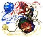  aura bad_id bad_pixiv_id barefoot black_shirt chain clothes_writing collar earth_(ornament) flame_print frilled_skirt frills full_body gold_chain grin hat heart hecatia_lapislazuli jewelry kan_(aaaaari35) legs_up long_hair looking_at_viewer moon_(ornament) multicolored multicolored_clothes multicolored_skirt off-shoulder_shirt polos_crown red_eyes red_hair ring shaded_face shirt short_sleeves simple_background skirt smile solo touhou white_background 