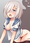  1girl :o blue_eyes blush breasts cleavage doggystyle grey_background hair_over_one_eye hamakaze_(kantai_collection) hetero highres kantai_collection kapatarou medium_breasts panties panty_pull sex silver_hair simple_background solo_focus underwear 