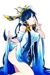  :3 ass blue_eyes blue_hair doushimasho finger_to_mouth hair_ornament highres isis_(p&amp;d) leg_lift long_hair puzzle_&amp;_dragons robe side_slit simple_background solo white_background 