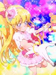  asahina_mirai bear blonde_hair bow bracelet creature cure_miracle gem gloves hair_bow hairband hat jewelry long_hair looking_at_viewer magical_girl mahou_girls_precure! mini_hat mini_witch_hat mofurun_(mahou_girls_precure!) multicolored multicolored_background pink_hat pink_skirt precure puffy_sleeves purple_eyes red_bow skirt smile sparkle star star_in_eye symbol_in_eye tj-type1 white_gloves witch_hat 