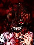  benizuwai black_sclera blood bloody_clothes bloody_hands bow brown_hair commentary_request grin hair_bow highres looking_at_viewer mask necktie no_hat no_headwear parody red_bow red_eyes red_neckwear shirt short_hair smile solo tokyo_ghoul touhou usami_renko white_shirt 