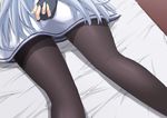  arms_behind_back bed_sheet black_gloves black_legwear fingerless_gloves from_above from_behind gloves highres indoors kantai_collection long_hair lower_body lying md5_mismatch murakumo_(kantai_collection) ohiya on_bed on_stomach pantyhose shirt silver_hair solo thighband_pantyhose tile_floor tiles very_long_hair white_shirt 