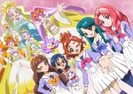  ;d akagi_towa amanogawa_kirara aroma_(go!_princess_precure) bird black_hair blue_bow blue_eyes blue_hair bow braid brown_eyes brown_hair cape crown_braid cure_flora cure_mermaid cure_scarlet cure_twinkle dog dress dual_persona glasses go!_princess_precure grand_princess_(go!_princess_precure) green_eyes haruno_haruka kaidou_minami long_hair multicolored_hair multiple_girls nanase_yui noble_academy_school_uniform one_eye_closed onomekaman open_mouth orange_bow pink_background pink_bow precure puff_(go!_princess_precure) purple_hair red_eyes red_hair school_uniform short_hair skirt smile streaked_hair twintails two-tone_hair white_skirt 