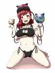  :3 bell blush breasts cat_lingerie cleavage covered_nipples embarrassed hat hecatia_lapislazuli highres jingle_bell kamekichi27 large_breasts meme_attire navel open_mouth panties paw_pose polos_crown red_eyes red_hair side-tie_panties solo touhou underwear 