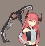  bare_shoulders commentary_request demon_girl elbow_gloves gloves hand_on_hip highres horns kama_(weapon) long_hair midriff navel original pink_hair red_eyes sameya_(ara7569) sickle solo succubus weapon 