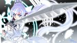  blue_eyes h-new highres holding holding_sword holding_weapon left-handed long_hair magic_circle myrtenaster ponytail rapier rwby scar scar_across_eye solo sword tiara weapon weiss_schnee white_hair 