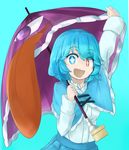  arm_up blue_background blue_eyes blue_hair capelet commentary_request karakasa_obake long_sleeves looking_at_viewer open_mouth red_eyes shirt short_hair simple_background skirt smile solo sparkling_eyes tatara_kogasa tongue touhou tyouseki umbrella upper_body 