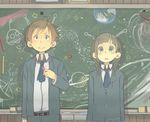  &gt;:) 1girl :o adjusting_clothes ahoge antennae arms_at_sides bangs belt blunt_bangs blush braid brown_eyes brown_hair chalk chalkboard drawing earth green_eyes lightning_bolt looking_at_viewer muted_color necktie original planet poripori_(popocox) saturn school_uniform skirt smile space standing star trail twin_braids ufo upper_body v-shaped_eyebrows 