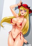  ass_visible_through_thighs bikini blonde_hair breasts collarbone gundam gundam_tekketsu_no_orphans hat highleg highleg_bikini highleg_swimsuit kudelia_aina_bernstein large_breasts long_hair micro_bikini nipple_slip nipples open_mouth purple_eyes red_bikini satou_shouji shiny shiny_skin solo swimsuit thong wardrobe_error wardrobe_malfunction 