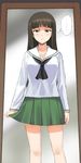  1girl a1 bags_under_eyes blush brown_eyes brown_hair collarbone girls_und_panzer green_skirt long_hair long_sleeves looking_at_viewer miniskirt mirror nishizumi_shiho pleated_skirt school_uniform serafuku skirt solo thought_bubble tsurime 