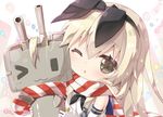  ;3 ;o blonde_hair blush brown_eyes cheek_press diagonal-striped_neckwear diagonal_stripes elbow_gloves gloves hairband kantai_collection long_hair looking_at_viewer one_eye_closed rensouhou-chan scarf shared_scarf shimakaze_(kantai_collection) striped striped_scarf white_gloves yano_mitsuki 