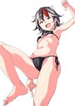 bare_legs barefoot bikini black_bikini black_hair breasts fang from_below horns kijin_seija looking_at_viewer matahari middle_finger multicolored_hair open_mouth pointing red_eyes red_hair short_hair side-tie_bikini simple_background sketch solo stomach streaked_hair string_bikini swimsuit thumbs_down touhou underboob white_background 