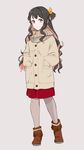  black_hair boots casual coat fringe_trim full_body hands_in_pockets kantai_collection leather leather_boots long_hair multicolored_hair naganami_(kantai_collection) ojipon pantyhose pink_hair scarf skirt smile solo yellow_eyes 