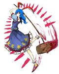  animal_ears bad_id bad_pixiv_id blood bloody_weapon bloomers blue_dress blue_hair breasts bunny_ears danmaku dress ear_clip from_side full_body highres holding holding_weapon kan_(aaaaari35) kine long_hair looking_at_viewer looking_to_the_side mallet moon_print red_eyes seiran_(touhou) shoes short_sleeves simple_background small_breasts smile solo split_ponytail star star_print touhou underwear weapon white_background white_footwear 