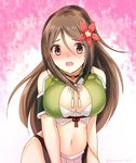  amagi_(kantai_collection) bare_shoulders blush breasts brown_eyes brown_hair cleavage_cutout eko hair_between_eyes hair_ornament kantai_collection large_breasts leaf leaf_hair_ornament looking_at_viewer maple_leaf midriff mole mole_under_eye navel open_mouth ponytail remodel_(kantai_collection) solo 