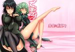  absurdres barefoot black_dress black_hair blush breasts cover cover_page covering covering_crotch curly_hair doujin_cover doujinshi dress embarrassed fubuki_(one-punch_man) green_eyes green_hair hand_on_own_chest highres kawa large_breasts long_legs looking_at_viewer multiple_girls one-punch_man short_hair siblings sisters small_breasts tatsumaki 