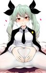  anchovy anzio_school_uniform blush censored girls_und_panzer green_hair grin hair_ribbon han_(jackpot) heart heart_hands long_hair naughty_face necktie no_panties pantyhose pussy red_eyes ribbon school_uniform see-through sitting smile solo spread_legs twintails white_legwear 