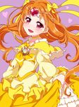  bad_id bad_pixiv_id bow brooch choker circlet cure_muse_(yellow) earrings frills hair_bow heart jewelry long_hair looking_at_viewer magical_girl orange_hair precure purin_(purin0) purple_background red_eyes shirabe_ako skirt smile solo suite_precure yellow_bow yellow_choker yellow_skirt 