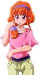  :o asahina_kyouko_(mahou_girls_precure!) blush brown_hair hair_over_shoulder hairband looking_at_viewer mahou_girls_precure! pants pink_shirt precure purple_eyes shirt shishinon short_hair solo white_background 