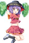  adapted_costume bowl bowl_hat brown_eyes cheerleader commentary_request e.o. hat highres jumping looking_at_viewer midriff navel open_mouth pom_poms purple_eyes shirt skirt skirt_set smile solo sukuna_shinmyoumaru touhou 
