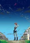  boots bow bow_(weapon) cloud from_behind hai_to_gensou_no_grimgar highres house landscape looking_back lynx_(1991deathknight) moon night night_sky outdoors path quiver red_eyes red_hair red_moon road shorts sky solo star_(sky) thighhighs town tree twilight weapon yume_(grimgar) 