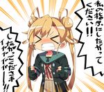  &gt;_&lt; abukuma_(kantai_collection) blonde_hair clenched_hands clenched_teeth closed_eyes gloves kanikama kantai_collection long_hair remodel_(kantai_collection) school_uniform serafuku solo tears teeth translated twintails 