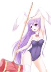  animal_ears arm_up armpits bunny_ears bunnysuit covered_navel detached_collar dying_(dying0414) erina_(rabi-ribi) hammer highres long_hair purple_eyes purple_hair rabi-ribi single_thighhigh smile solo thighhighs wrist_cuffs 