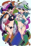  +_- 2girls animal_cutout aori_(splatoon) black_bra black_hair black_panties bow bra breasts cleavage cleavage_cutout detached_collar domino_mask earrings eyebrows fangs food food_on_head frilled_bra frills full_body gloves groin hair_bow hat highres hotaru_(splatoon) jewelry leg_lift long_hair looking_at_viewer mask midriff mole mole_under_eye multiple_girls navel object_on_head one_eye_closed open_mouth orange_eyes panties pointy_ears short_hair side-tie_panties silver_hair small_breasts smile splatoon_(series) splatoon_1 standing standing_on_one_leg symbol-shaped_pupils tentacle_hair tentacles thick_eyebrows underwear white_bra white_gloves white_panties yamaneko 