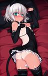  animal_ears ass bed black_gloves black_legwear blush breasts cat_ears cat_tail covered_nipples elbow_gloves fingerless_gloves frills gloves green_eyes heart-shaped_breath highres looking_at_viewer lying null_(nyanpyoun) on_side paw_pose pillow sanya_v_litvyak short_hair silver_hair small_breasts solo strike_witches sweat tail tan tanline thighhighs world_witches_series 