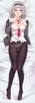  anna_nishikinomiya aqua_eyes between_breasts black_legwear blazer blush breasts cleavage dakimakura finger_to_mouth full_body hairband jacket kirigaku_luo large_breasts looking_at_viewer lying necktie necktie_between_breasts on_back panties panties_under_pantyhose pantyhose school_uniform shimoneta_to_iu_gainen_ga_sonzai_shinai_taikutsu_na_sekai short_hair silver_hair solo underwear 