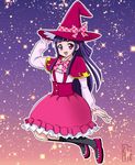  2016 black_legwear bow dated gradient gradient_background hat hat_bow izayoi_liko kneehighs long_hair looking_at_viewer magic_school_uniform mahou_girls_precure! pink_background pink_footwear pink_skirt plaid plaid_bow precure purple_background purple_eyes purple_hair red_hat shimeta_hiromitsu shirt shoes skirt smile solo sparkle white_shirt witch_hat 