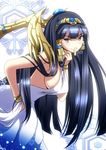  blue_eyes blue_hair breasts doushimasho egyptian finger_to_mouth hair_ornament isis_(p&amp;d) large_breasts leaning_forward long_hair looking_to_the_side puzzle_&amp;_dragons robe sideboob simple_background solo white_background 
