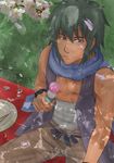  bandages brown_eyes cherry_blossoms dango flower food green_hair heliodor leaf male_focus naruto naruto_(series) naruto_shippuuden rinji_(naruto) sanshoku_dango sitting solo vest wagashi 