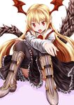  blonde_hair collared_shirt fangs frilled_skirt frills granblue_fantasy head_wings highres long_hair multiple_tails pointy_ears red_eyes shingeki_no_bahamut shirt sitting skirt solo tail tope_suicida_(tanishi) vampy very_long_hair wing_collar 