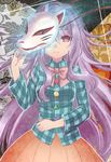  asa_(coco) blank_stare covering_one_eye expressionless fox_mask hata_no_kokoro lavender_hair long_hair long_sleeves looking_at_viewer mask mask_over_one_eye noh_mask pink_eyes plaid plaid_shirt ribbon shirt skirt solo string touhou 