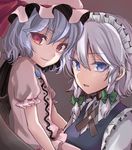 asa_(coco) bat_wings blue_eyes blue_hair bow braid dress hair_bow hat hat_ribbon izayoi_sakuya looking_at_viewer maid_headdress mob_cap multiple_girls open_mouth puffy_sleeves red_eyes remilia_scarlet ribbon short_hair short_sleeves silver_hair smile touhou twin_braids upper_body vest wings 