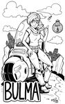  artist_name boots breasts bulma capsule character_name cleavage cloud dated dragon_ball dragon_ball_super dragon_radar full_body greyscale ground_vehicle hand_on_hip medium_breasts mike_luckas monochrome motor_vehicle motorcycle neckerchief short_hair signature smile solo thumbs_up 