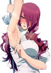  armpits blush bow breasts commentary covered_nipples curly_hair hair_over_one_eye highres impossible_clothes impossible_shirt ishii_takamori kirijou_mitsuru large_breasts long_hair persona persona_3 red_eyes red_hair shirt solo steam sweat sword weapon 