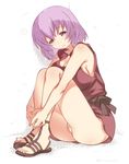  bare_shoulders blush breasts censored hai_to_gensou_no_grimgar highres large_breasts looking_at_viewer mudou_eichi no_panties no_socks purple_eyes purple_hair pussy sandals shihoru_(grimgar) short_hair sitting solo 