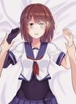  bed_sheet bodysuit brown_hair covered_navel elbow_gloves furutaka_(kantai_collection) gloves glowing glowing_eye hair_ornament hairclip heart hi-rin kantai_collection looking_at_viewer lying on_back open_mouth out_of_frame pov pov_hands remodel_(kantai_collection) school_uniform serafuku short_hair single_elbow_glove skirt solo_focus translated wrist_grab yellow_eyes 