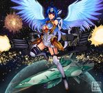  antenna_hair blue_hair boots breasts commentary dual_wielding elbow_gloves english_commentary explosion feathered_wings forehead_protector garter_straps gatling_gun gloves gun highres holding knee_boots kos-mos large_breasts lips long_hair making_of minigun over-kneehighs red_eyes revealing_clothes ryu_shou solo space_craft thighhighs underboob weapon white_footwear white_legwear wings xenosaga xenosaga_episode_iii 
