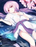  cherry_blossoms duel_monster ghost_reaper_&amp;_winter_cherries hand_on_own_chest highres igakusei japanese_clothes kimono long_hair looking_at_viewer lying on_back partially_submerged pink_eyes pink_hair sash solo very_long_hair water wide_sleeves yukata yuu-gi-ou 