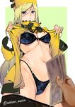  ashiomi_masato blonde_hair blue_eyes blurry bra fingerless_gloves gloves guilty_gear guilty_gear_xrd hat long_hair millia_rage money open_clothes panties pantyhose pantyhose_pull prostitution skirt skirt_pull solo_focus underwear 