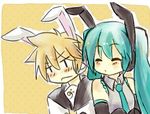  1girl animal_ears aqua_hair bare_shoulders blonde_hair blue_hair blush bunny_ears detached_sleeves hatsune_miku hikusa kagamine_len long_hair lowres necktie no_nose resized short_hair smile twintails vocaloid 